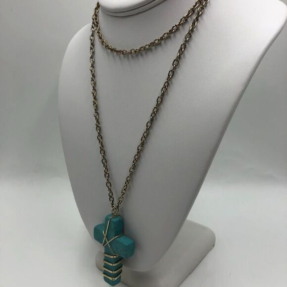 Vintage Turquoise Long Cross Pendant Necklace Handmade Religious Spiritual - Picture 4 of 9